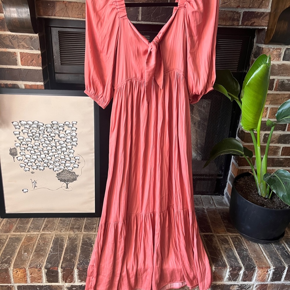 Pink Pleated Sundress with Puff Sleeves V-Neck